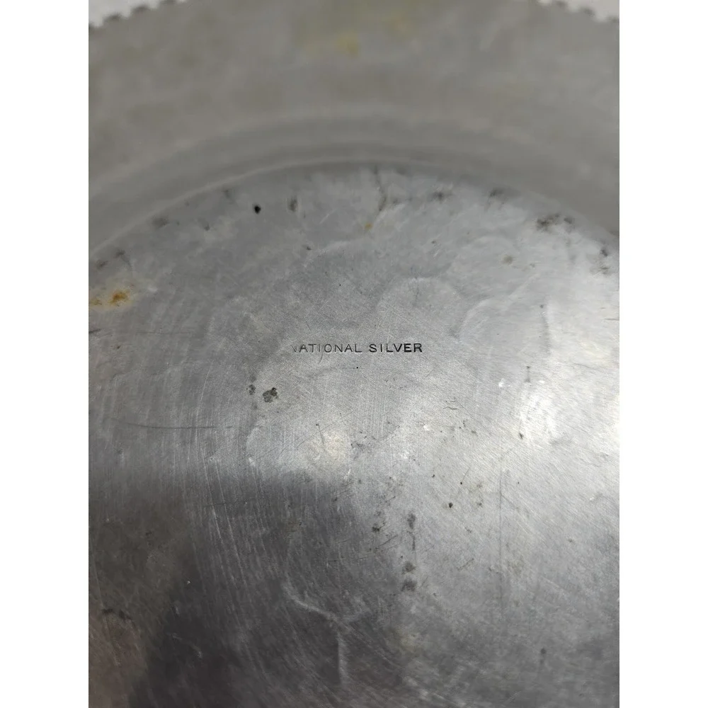 Vintage Round Hammered Aluminum Plate by National Silver Hybiscus Etched Flower‎